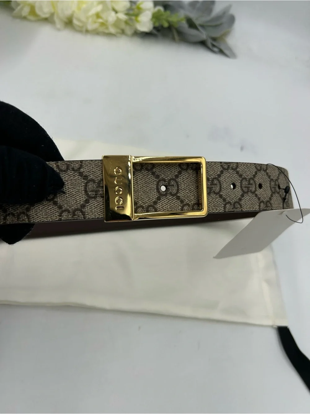 Unisex Gucci Monogram Canvas Belt with Gold engraved Buckle - Beige/Brown 80/32
